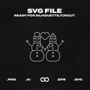May include: Line art illustration of two snowmen holding hands with a heart above them. The snowmen are wearing hats and scarves. The image is in black and white.