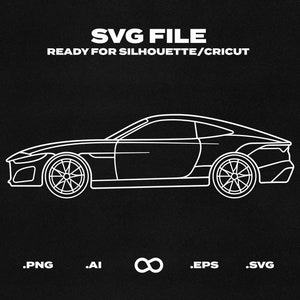 Puede incluir: Un dibujo de contorno blanco de un coche deportivo sobre un fondo negro. El dibujo es una vista lateral del coche, con las ruedas y los detalles del coche visibles. El texto "SVG FILE" y "READY FOR SILHOUETTE/CRICUT" está por encima del coche. Debajo del coche están los tipos de archivo: .PNG, .AI, .EPS, .SVG.