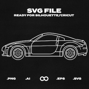 Pode incluir: Um desenho de contorno branco de um carro desportivo sobre um fundo preto. O texto "SVG FILE" e "READY FOR SILHOUETTE/CRICUT" está acima do carro. Abaixo do carro estão os tipos de ficheiro .PNG, .AI, .EPS e .SVG.