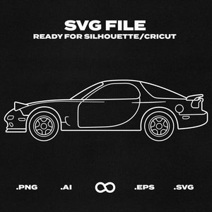 May include: A white line drawing of a sports car on a black background. The image is labeled "SVG FILE READY FOR SILHOUETTE/CRICUT".