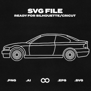 May include: A white outline drawing of a car on a black background. The car is a coupe with a rounded body style. The drawing is labeled "SVG FILE READY FOR SILHOUETTE/CRICUT" at the top and has file extensions listed at the bottom: ".PNG .AI ∞ .EPS .SVG"