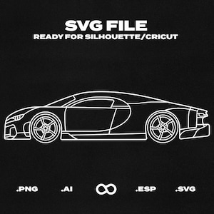 May include: A white line drawing of a sports car on a black background. The text "SVG FILE READY FOR SILHOUETTE/CRICUT" is at the top. File types .PNG, .AI, .ESP, and .SVG are listed at the bottom.