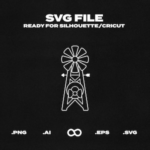 Może przedstawiać: Liniowy rysunek wiatraka z czterema łopatkami. Wiatrak stoi na wysokiej wieży z okrągłą podstawą. Rysunek jest czarno-biały i gotowy do użycia z Silhouette lub Cricut.