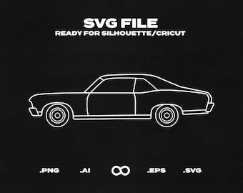 May include: A white outline drawing of a classic car on a black background. The image is labeled "SVG FILE READY FOR SILHOUETTE/CRICUT" at the top and has file extensions listed at the bottom: .PNG, .AI, .EPS, .SVG.