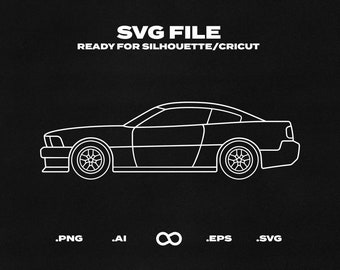 May include: A white outline of a car, a side view, with the text "SVG FILE READY FOR SILHOUETTE/CRICUT" above the car and the text ".PNG .AI ∞ .EPS .SVG" below the car.
