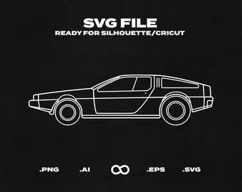 May include: A line drawing of a DeLorean time machine car in white on a black background. The image is labeled "SVG FILE READY FOR SILHOUETTE/CRICUT".