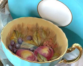 Aynsley Teacup and Saucer Light Turquoise Orchard Fruit signed D Jones