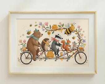 Spring Bike Animals Animer Poster Kids Room Arte Nursery