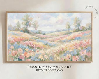 Pastel Flower Valley TV Art – Boho Spring Oil Painting (Digital Download)