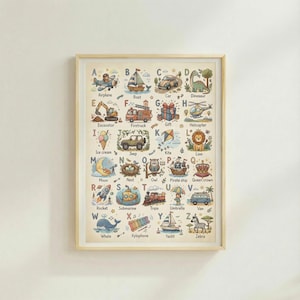 Boy Alphabet Poster: Hand-Illustrated ABC Nursery Wall Art