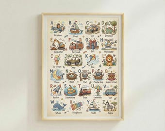 Poster alfabet jongen: met de hand geïllustreerde ABC-muurkunst voor baby's