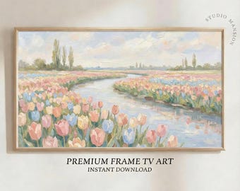 Abstract Pastel Tulip River TV Art – Spring Oil Painting Digital Download for Frame TV