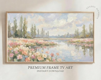 Pastel Spring Lake TV Art – Impressionist Floral Oil Painting Digital Download for Frame TV