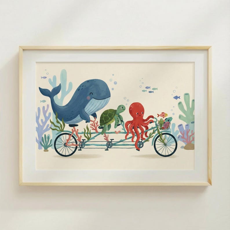 Op de afbeelding: Een ingelijste kunstprint met een grillige illustratie van een blauwe walvis, een groene schildpad en een rode octopus op een tandemfiets onder water. De fiets heeft een mandje met vissen. Kleurrijk koraal en zeegroen omringen de fiets.