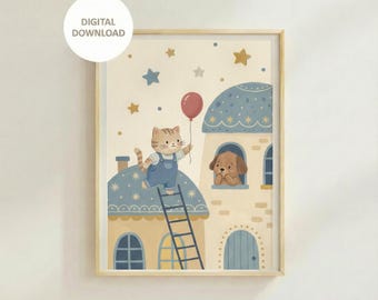Playful Cat & Puppy Storybook Poster – Nursery Fun Poster Kids Giftful