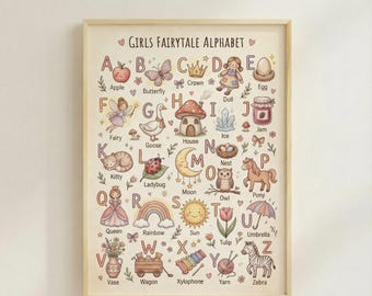 Alfabetposter voor meisjes: met de hand geïllustreerde ABC-muurkunst voor baby's