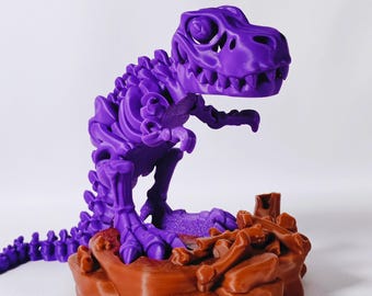 May include: A purple dinosaur skeleton figurine with a detailed design. The dinosaur is posed on a brown base with bone details. The figurine is a 3D-printed item.
