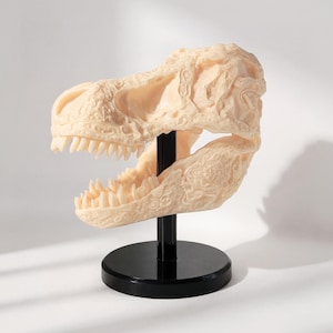 Carved T-Rex Skull: 3D Printed Dinosaur Fossil Sculpture for Desk or Shelf