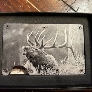 Custom Wildlife Aluminum RFID Blocking Wallet. Proudly Engraved in the USA. Bull Elk.  Makes a Great Groomsman or Mens Gift