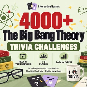 以下が含まれることがあります： 4000+ The Big Bang Theory TRIVIA CHALLENGESというタイトルのデジタルクイズゲーム。画像には、本の山、黒い眼鏡、I TRIVIAと書かれた白いマグカップ、ゲームカードが描かれています。アイコンはブラウザでのプレイや難易度を示しています。