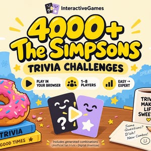 May include: A digital trivia game titled 4000+ The Simpsons Trivia Challenges featuring a pink frosted donut, two blue books labeled Trivia and Good Times, a mug with the text Trivia Makes Life Sweeter, and a notepad with the text Same Questions? D'oh! New Combos!