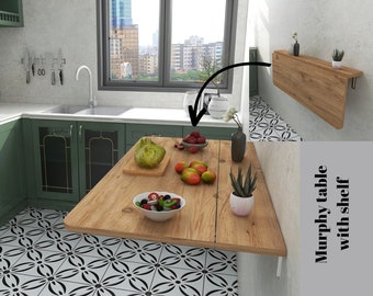 study table on wall Wooden Murphy Table, Space Saving Dining Table, Wall Mounted Laptop Table, Folding Portable Kitchen Table with Shelves, Folding Wall Table