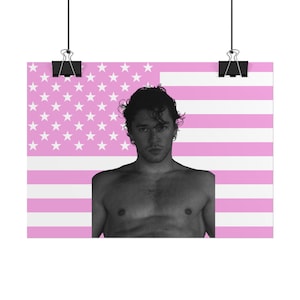May include: A rectangular wall poster featuring a black and white portrait of a person with dark hair positioned in front of a graphic background. The background displays a stylized American flag pattern rendered in alternating light pink and white stripes.