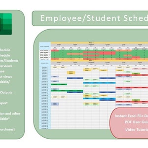 May include: An Excel spreadsheet template for employee or student scheduling. Features include a 52-week schedule, 40 event schedule, and support for 50 employees or students. Includes monthly overviews, multi-year use, and various output views. Easy data export and PDF output.