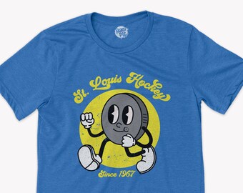 st. louis hockey shirt | cartoon character hockey puck since 1967 saint louis hockey unisex adult DARK tshirt | funny hockey tee mslh-005d