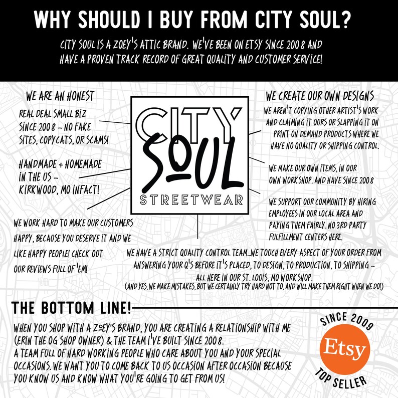 May include: A black and white graphic design with the text "City Soul Streetwear" and the tagline "Why should I buy from City Soul?" The graphic design is surrounded by text describing the company's values, including "Honest, Real Deal, Small Biz, Handmade, Homemade, We Work Hard to Make Our Customers Happy, We Have a Strict Quality Control Team, The Bottom Line!" and "Since 2009 Etsy Top Seller".