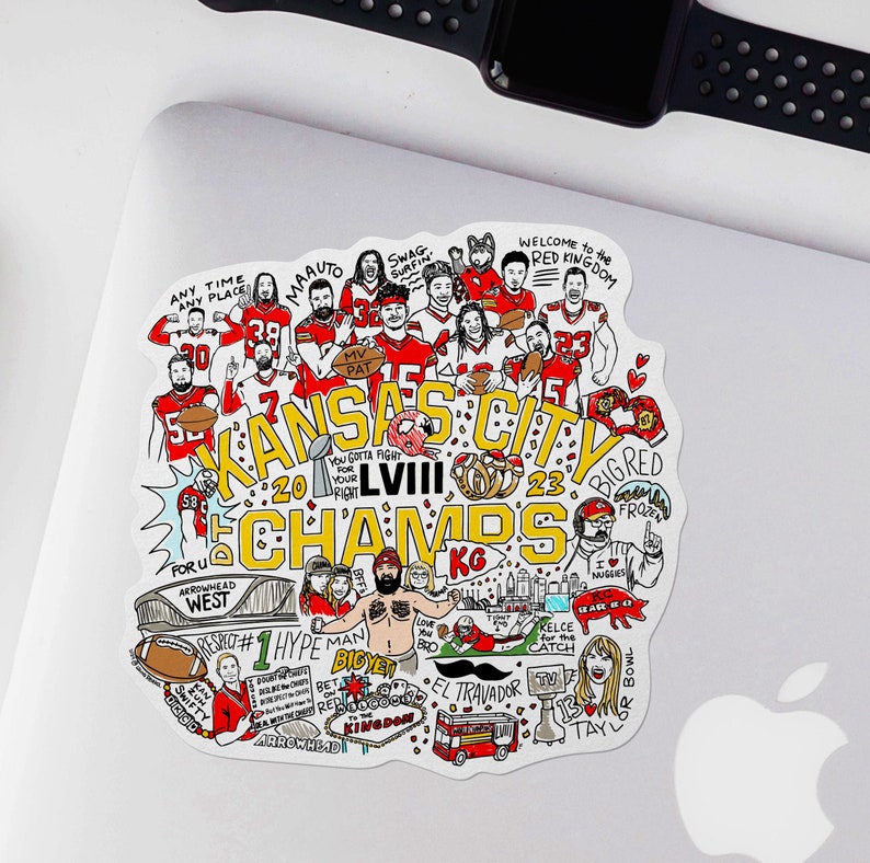 May include: A colorful illustration of the Kansas City Chiefs celebrating their Super Bowl LVII victory. The illustration features the team's logo, players, and other details related to the game, including the score, the city of Kansas City, and the phrase "You gotta fight for your right."