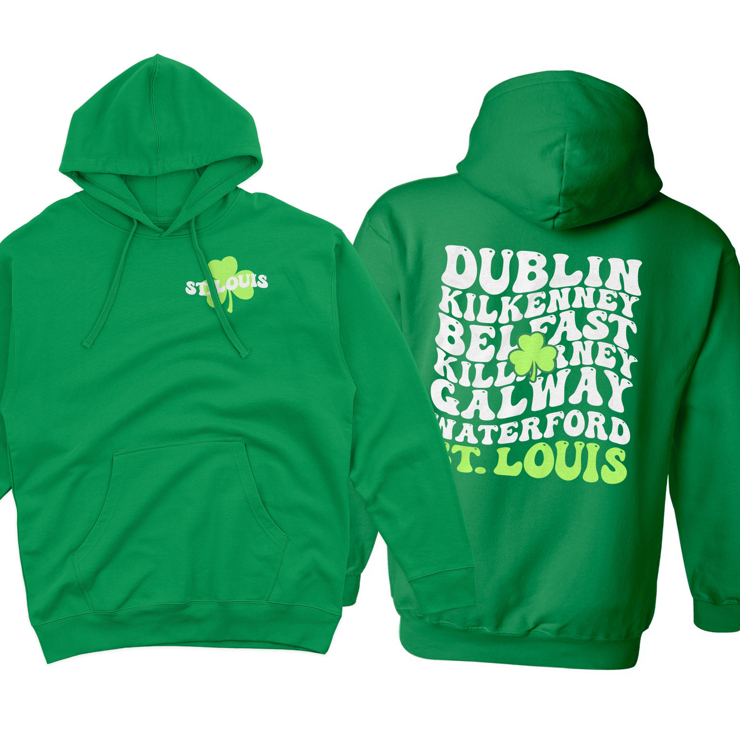 citysoulstreetwear St. Louis Dublin Belfast Galway St Patricks Day Green Hooded Sweatshirt | Irish Cities Front and Back Print Retro Hoodie snls2-058FB-hoodie
