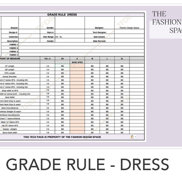 Apparel Grade Rule Dresses, Technical Spec Sheet, Fashion Design