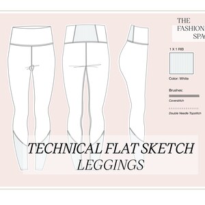 Può includere: Schizzo tecnico piatto di leggings su sfondo bianco. I leggings sono bianchi con una fascia elastica a costine grigia e dettagli di cucitura grigi. Il testo "TECHNICAL FLAT SKETCH LEGGINGS" è nella parte inferiore dell'immagine.