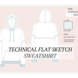 Technical Flat Sketch Sweatshirt with Hood, Fashion Sketch, Fashion Flat drawing