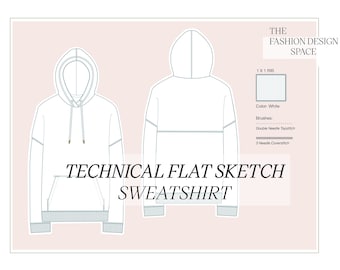 Technisches Flat Sketch Sweatshirt mit Kapuze, Fashion Sketch, Fashion Flat Zeichnung