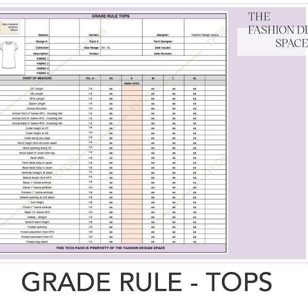 Apparel Grade Rule Tops, Fashion Grading, Technical Fashion