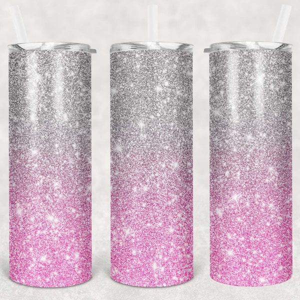 Pink & Silver Glitter sublimation Tumbler png wrap 20oz and 30oz tapered and straight