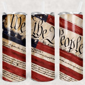 May include: Three stainless steel tumblers with a distressed American flag design and the text "We the People" from the US Constitution.