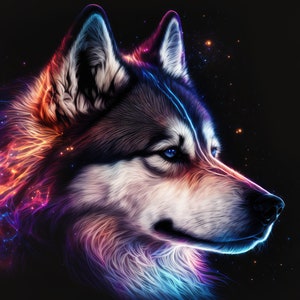 May include: A stylized illustration of a wolf's head with a blue eye, surrounded by a colorful nebula of orange, purple, and blue.