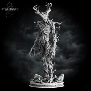 May include: A grayscale sculpture of a humanoid figure with a tree-like appearance, featuring intricate details of branches and bark. The figure has antlers and stands on a stone base. The Stormborn Collectibles logo is in the upper left corner.