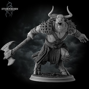 May include: A monochrome sculpture of a minotaur, a mythical creature with a bull's head and a human body. The minotaur is shown with large horns, spiky shoulder armour, and a battle axe. The Stormborn Collectibles logo is in the upper left corner.