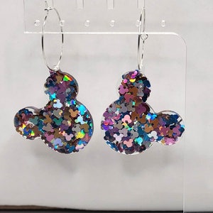 Mouse head dangle earrings, Mouse head confetti, Resin, Family Vacation Fun