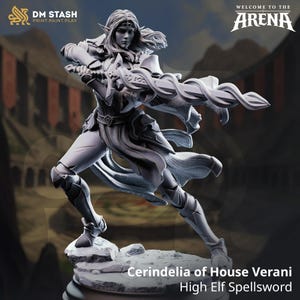 Może przedstawiać: Szara, szczegółowa figurka 3D Cerindelii z Domu Verani, High Elf Spellsword, w dynamicznej pozie. Figurka jest ubrana w zbroję i trzyma duży miecz. Podstawa zawiera tekst "Cerindelia of House Verani High Elf Spellsword". Obraz zawiera również tekst "Welcome to the Arena".