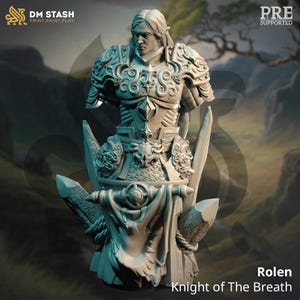 May include: A detailed bust of a knight figure, featuring intricate armour and a stoic expression. The figure is light grey with detailed carvings and a banner at the base. The text "Rolen Knight of The Breath" is visible.