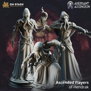 May include: Three grey miniature figurines of humanoid creatures with tentacled faces, wearing ornate armour and long robes. The figures are posed in dynamic stances, with one crouching and two standing, featuring intricate detailing on the chest and arms.
