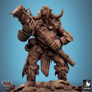 May include: A detailed brown figurine of a muscular humanoid figure with horns, holding a large weapon. The figure is wearing fur and armor, with barrels attached to its side. The Molten Hearts and Rescale logos are visible.