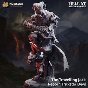 May include: A detailed figurine of a devil-like character playing a stringed instrument, perched atop a gargoyle. The figure is clad in ornate armor and a horned helmet. The text "The Travelling Jack Reborn Trickster Devil" is at the bottom.