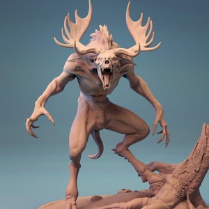 May include: A light brown sculpture of a creature with large antlers, a skeletal face, and sharp claws. The creature is in a threatening pose, with a figure lying on the ground. The sculpture is set against a light blue background.