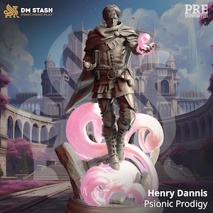 May include: A detailed figurine of Henry Dannis, Psionic Prodigy, in a warrior's outfit, standing on a pink energy swirl. The figure is in a dynamic pose, with one hand emitting a pink glow. The background features a fantasy castle scene. The DM STASH logo is in the upper left.